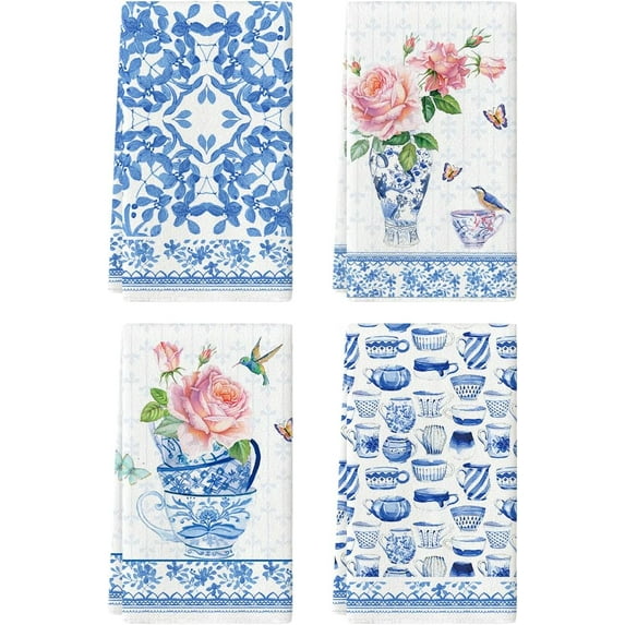 Butterflies Royal Blue Porcelain Kitchen Towels Dish Towels, 18x26 Inch Vase Roses Cup Vintage Flowers Decoration Hand Towels Set of 4