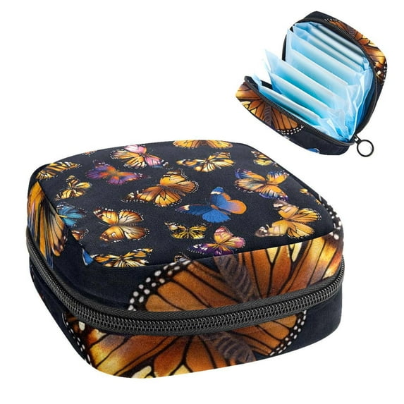 Butterflies Seamless Art Pattern Sanitary Napkin Storage Bag, Zipper Menstrual Cup Pouch Feminine Menstruation First Period Pads Holder for Girls Women Ladies