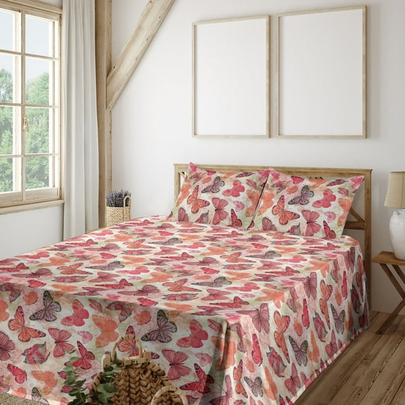 Ambesonne Butterflies Fitted & Flat Sheet with Shams 4 Pcs Set, Butterfly Spring Forest, Calking, Coral Salmon Dried Rose