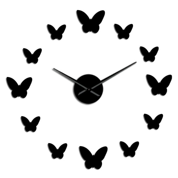 Butterflies Silouette Frameless Wall Clock Stickers, DIY Modern Decorative Clocks for Living Room, Bedroom, Office - Easy to Install, Large 3D Clock Design (Black,27in)