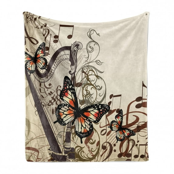 Butterflies Soft Flannel Fleece Blanket, Harp Ornament and Butterflies Classic Musical Instrument Concert Theme, Cozy Plush for Indoor and Outdoor Use, 60" x 80", Cream Orange Black, by Ambesonne