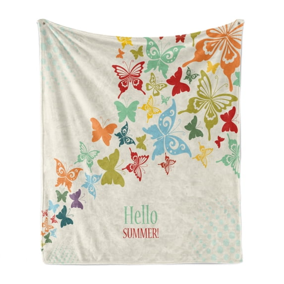 Butterflies Soft Flannel Fleece Blanket, Vintage Background with Butterflies and Dots Hello Summer Greeting Happy Text, Cozy Plush for Indoor and Outdoor Use, 50" x 60", Multicolor, by Ambesonne