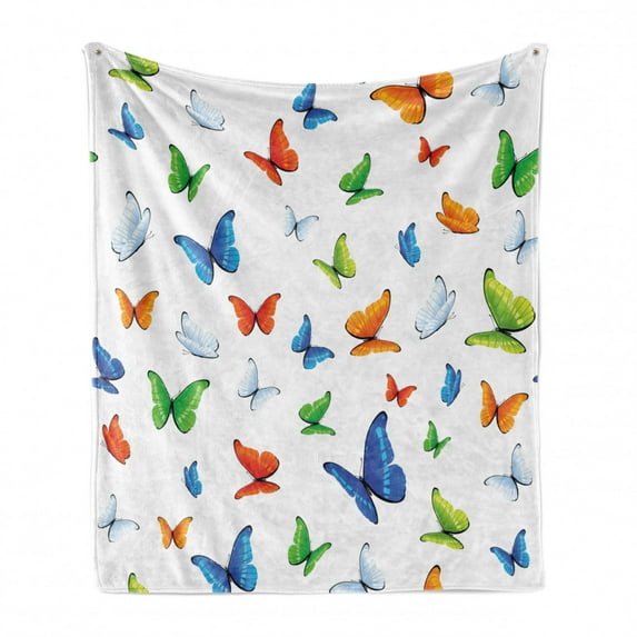 Butterflies Soft Flannel Fleece Throw Blanket, Butterflies Animal Clipart Ecology Environment Joyful Design Cartoon Tropics, Cozy Plush for Indoor and Outdoor Use, 60" x 80", Multicolor, by Ambesonne