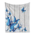 thumbnail image 1 of Butterflies Soft Flannel Fleece Throw Blanket, Blue and White Butterflies on Wooden Background Timber Wall Rustic Life, Cozy Plush for Indoor and Outdoor Use, 50" x 60", Grey White Blue, by Ambesonne, 1 of 5