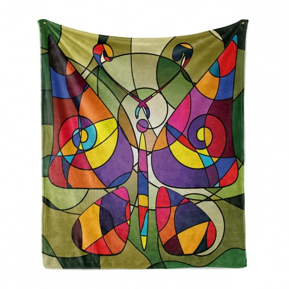 Butterflies Soft Flannel Fleece Throw Blanket, Butterfly Wings Consisting of Twisted Lines Modern Abstract Design, Cozy Plush for Indoor and Outdoor Use, 50" x 70", Multicolor, by Ambesonne