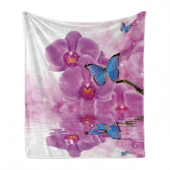 Butterflies Soft Flannel Fleece Throw Blanket, Orchid Reflection on Water Bloom Botany Plant Branch Anima Print, Cozy Plush for Indoor and Outdoor Use, 50" x 70", Pink Blue White, by Ambesonne