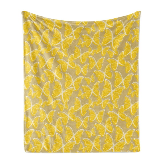 Butterflies Soft Flannel Fleece Throw Blanket, Romantic Flying Insect Silhouettes in Retro Style Drawn by Hand, Cozy Plush for Indoor and Outdoor Use, 60" x 80", Tan Earth Yellow, by Ambesonne