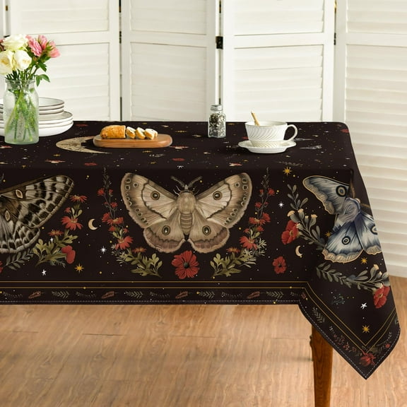 Butterflies Stars Moon Tablecloth 60×60 Inch Square, Black Gothic Vintage Style Washable Table Cover for Party Dinner Patio Garden Picnic