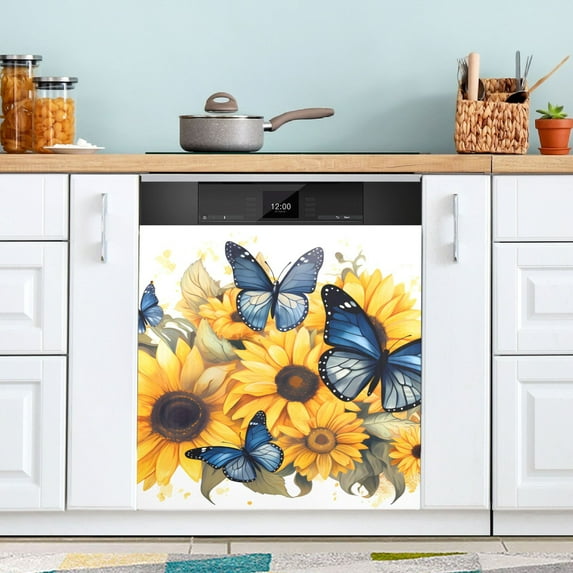 Butterflies Sunflowers Dishwasher Magnetic Covers Magnet Sticker Kitchen Decor Dishwasher Refrigerator Front Door Covers Decorative Magnetic 23" x 26"