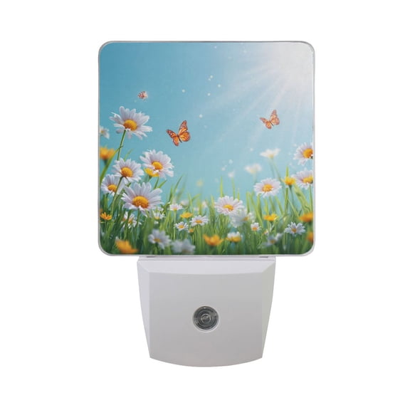 Butterflies Sunshine Daisies Flower Field LED Night Light Sensor Lamp Plug-in Adjustable Brightness 2 Pack