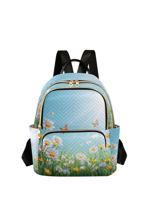 Butterflies Sunshine Daisies Flower Field Quilted Backpack Fashion Daypack Commuter Bag for Women 8.5 L