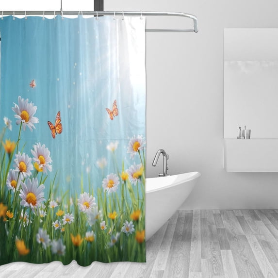 Butterflies Sunshine Daisies Flower Field Shower Curtains with 12 Hooks Waterproof Bathroom Decor 66" x 72"
