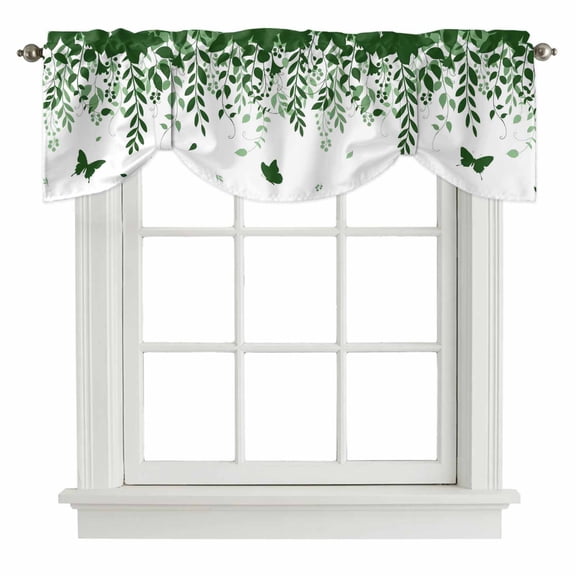 Butterflies Tie Up Valance Curtains Spring Green Butterfly Falling Leaf Plant Silhouette Adjustable Light Filtering Tie Up Valance Small Window Shade for Kitchen Bedroom Cafe 42" W x 12" L