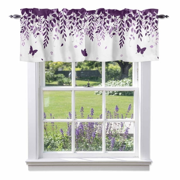 Butterflies Valance Curtain for Windows Spring Purple Butterfly Falling Leaf Plant Silhouette Rod Pocket Curtain Valances Short Window Treatments for Kitchen Bathroom Laundry Basement 60 x 18 Inch
