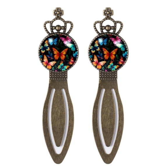 Butterflies Vintage Copper Crown-Shaped Bookmarks Set of 2 - Stainless Steel Reading Accessories for Book Lovers and Readers