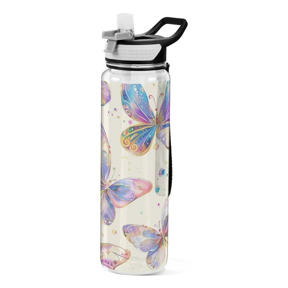 Butterflies Watercolor Sports Water Bottle Portable Travel Mug 32oz BPA Free Leak Proof Straw Transparent Tritan for Gym Yoga Cycling Camping