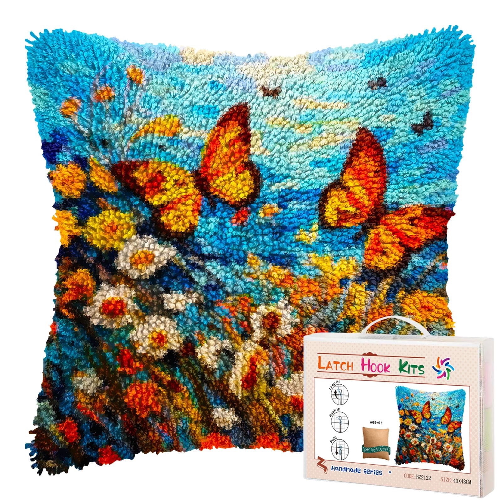 Butterflies and Wild Daisy DIY Latch Hook Pillow Kits for Adults Printed Pillowcase Crochet Yarns Hooking Handmade Pillow Cover Cushion for Home Sofa Decoration 17x17inch