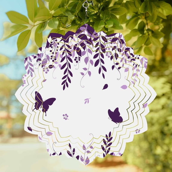 Butterflies Wind Spinner for Garden Yard 8In, Spring Purple Butterfly Falling Leaf Plant Silhouette 3D Stainless Steel Kinetic Hanging Wind Spinners Rustproof Outdoor Decor for Lawn Patio Home