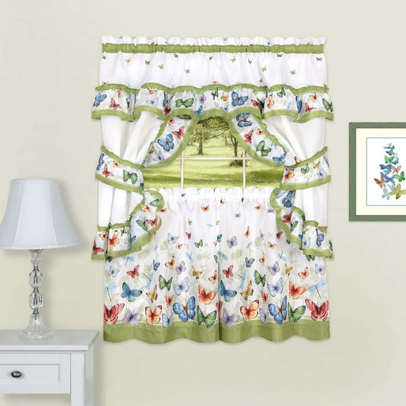 Butterflies Window Kitchen Curtains 5-Piece Printed Cottage Set - 57" (W) x 24" (L) Complete Ruffled Set, Green