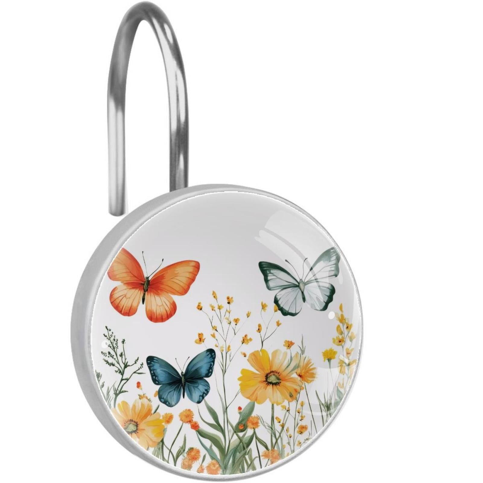 Butterflies Yellow Peony Florals Shower Curtain Hooks Round Crystal Glass, Set of 12 Shower Curtain Rings - Shower Hooks for Curtain Shower Rings