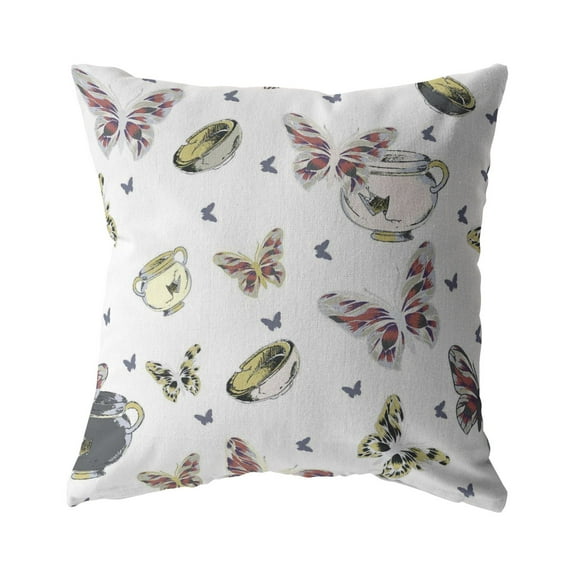Butterflies and Bowls Indoor/Outdoor Fabric Pillow in White 16x16