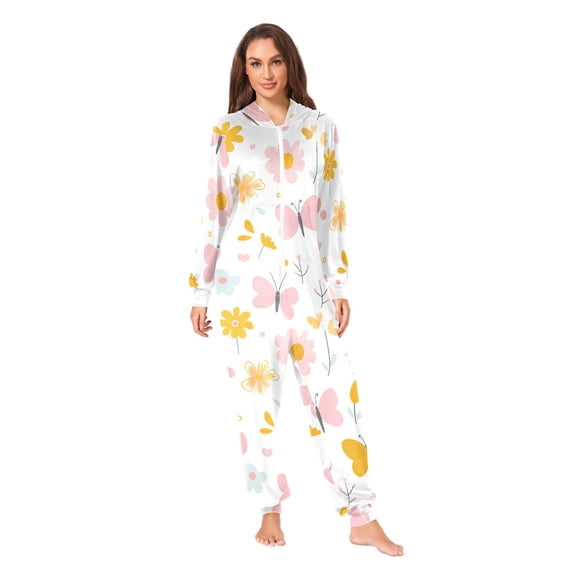 Butterflies and Daisies Adult onesie Pajamas, Crystal Velvet Ultra Soft Warm Jumpsuit for Men and Women