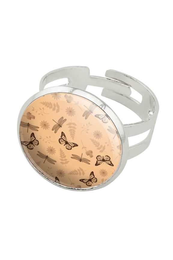 Butterflies and Dragonflies Flower Insect Pattern Silver Plated Adjustable Novelty Ring