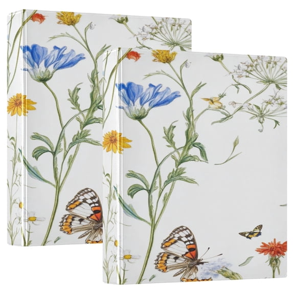 Butterflies and Flowers 12.4x10.6in PVC Round Ring Binder, D-Ring 3-Hole, Metal Clip, 200 Sheets