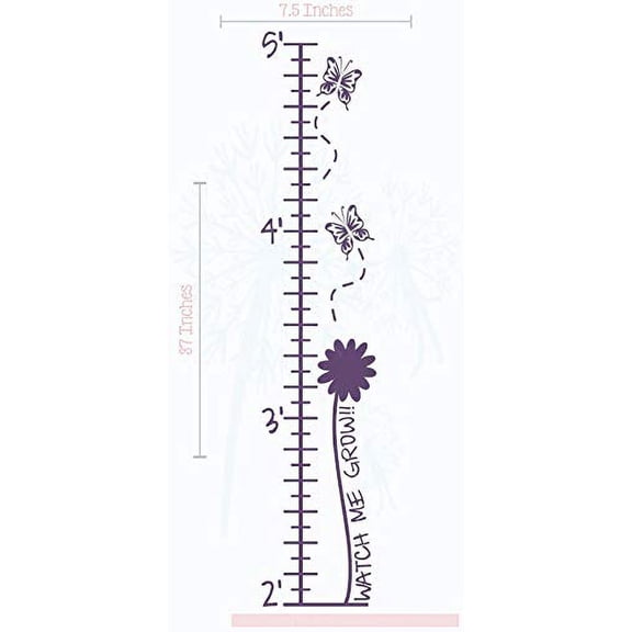 Butterflies and Flowers Growth Chart Vinyl Decals Girls Room Art Decor Stickers, 7.5x37-Inch Plum
