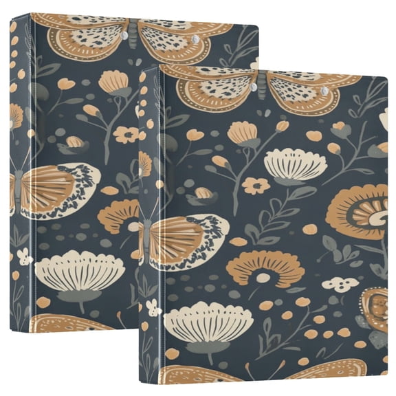 Butterflies and Flowers Pattern 12.4x10.6in PVC Round Ring Binder, D-Ring 3-Hole, Metal Clip, 200 Sheets