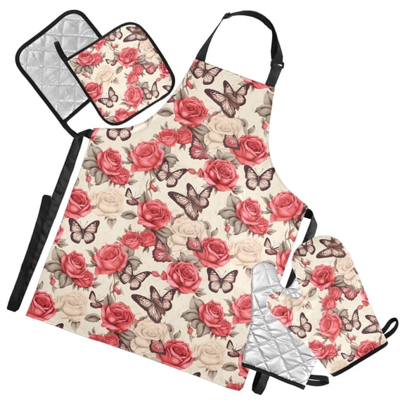 Butterflies and Red White Rose 5 Pcs Kitchen Set Heat Resistant Oven Mitts and Non-Slip Pot Holders with Adjustable Cooking Apron
