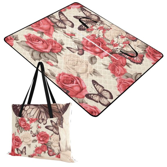 Butterflies and Red White Rose Extra Large Picnic Beach Blanket Waterproof Sand Proof Portable Outdoor Mat 60x80