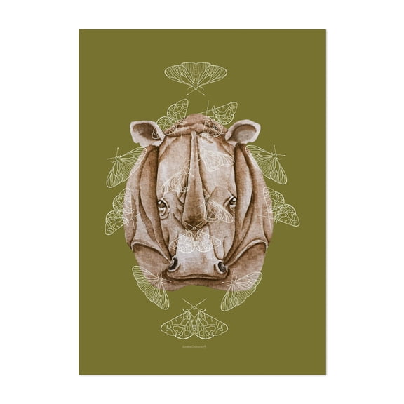 Butterflies and Rhino | Rhino Watercolor portrait - Photography Unframed Wall Art Print 24 x 36 inches