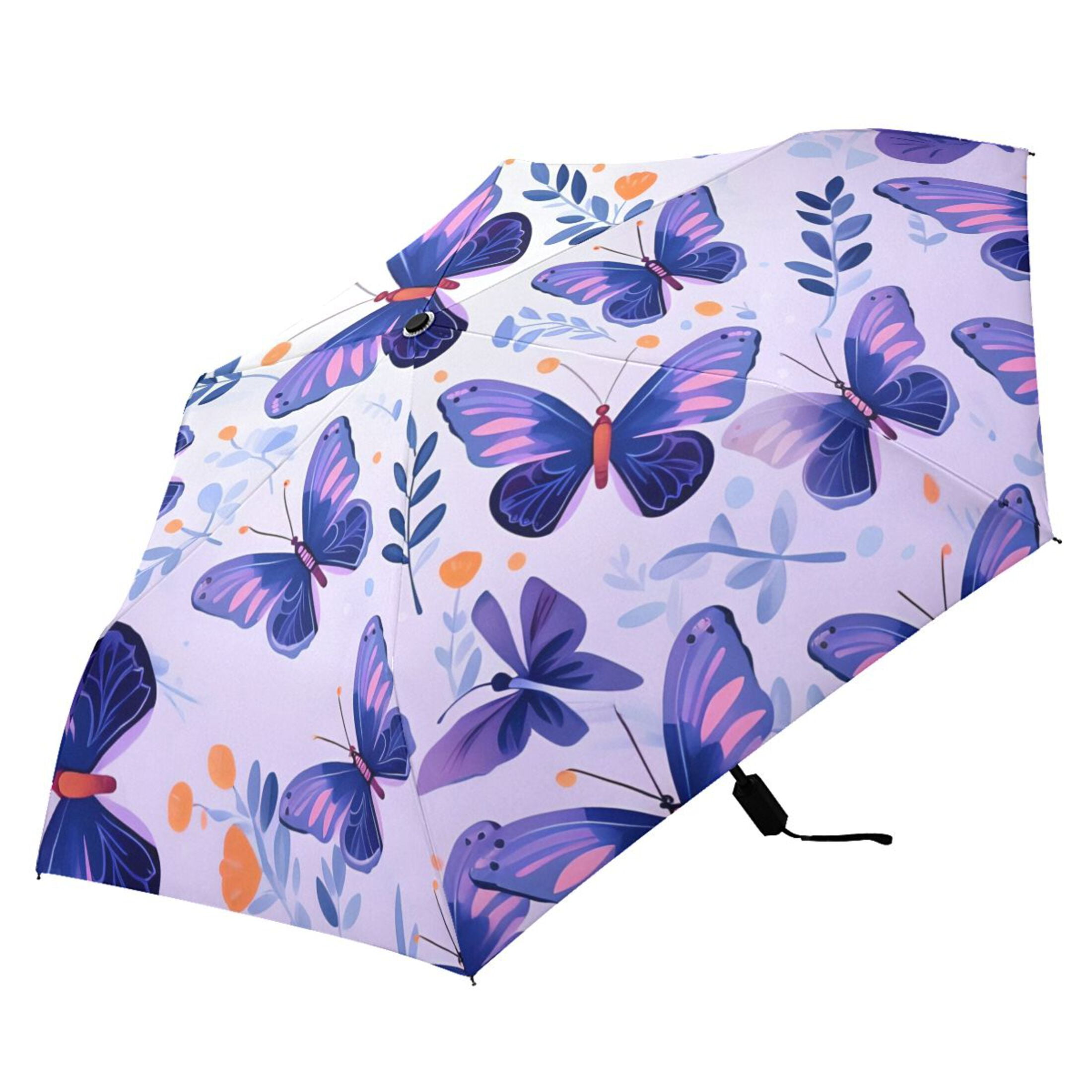 Butterflies in Purple Compact Folding Umbrella for Rain Windproof Travel Umbrella UPF 50+ Lightweight Packable Arc Size