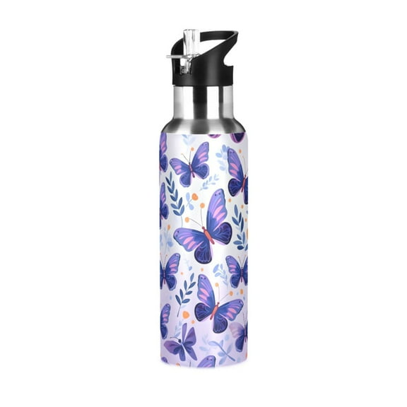 Butterflies in Purple Water Bottles Insulated Thermos Kids Stainless Steel Bottle with Straw Lid Flask Leakproof for Sports Gym 20 oz