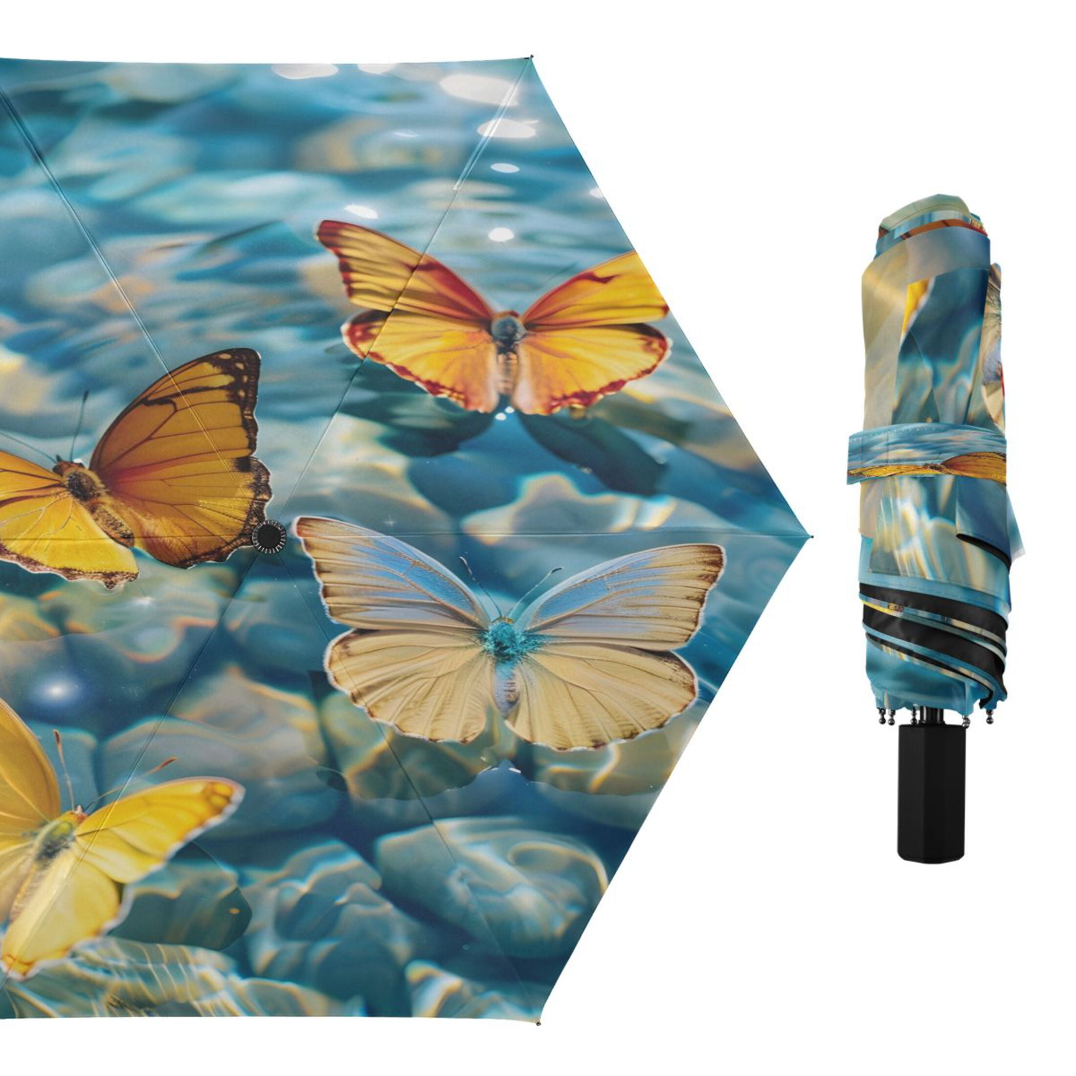 Butterflies on Clear Water Compact Sun Umbrella Windproof Travel Umbrellas for Rain Strong Portable UV Protection