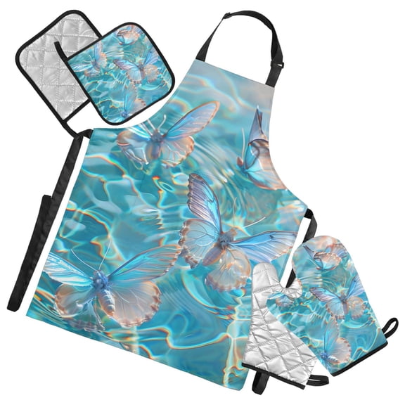 Butterflies on Water 5 Pcs Kitchen Set Heat Resistant Oven Mitts and Non-Slip Pot Holders with Adjustable Cooking Apron