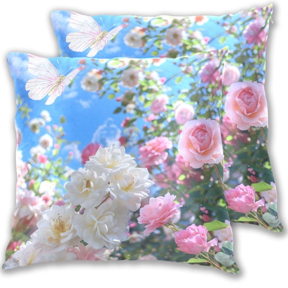 Butterflies with Blooming Roses Throw Pillow Covers Pillowcases 16 x 16 Inch Home Decor 2 Packs for Bedroom Sofa