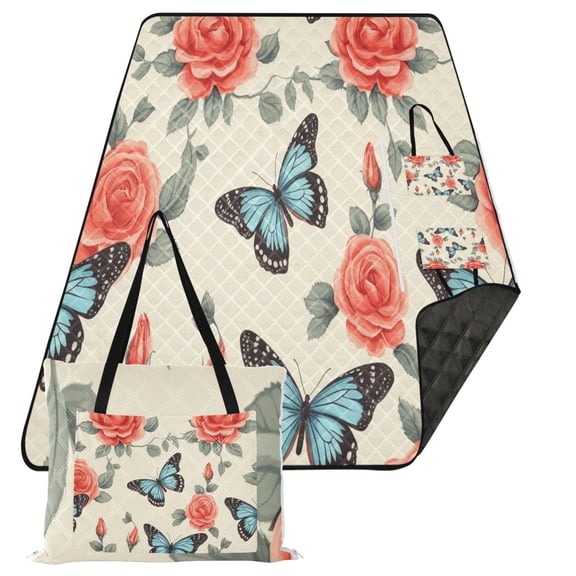 Butterflies with Red Rose Extra Large Picnic Beach Blanket Waterproof Sand Proof Portable Outdoor Mat 80x118