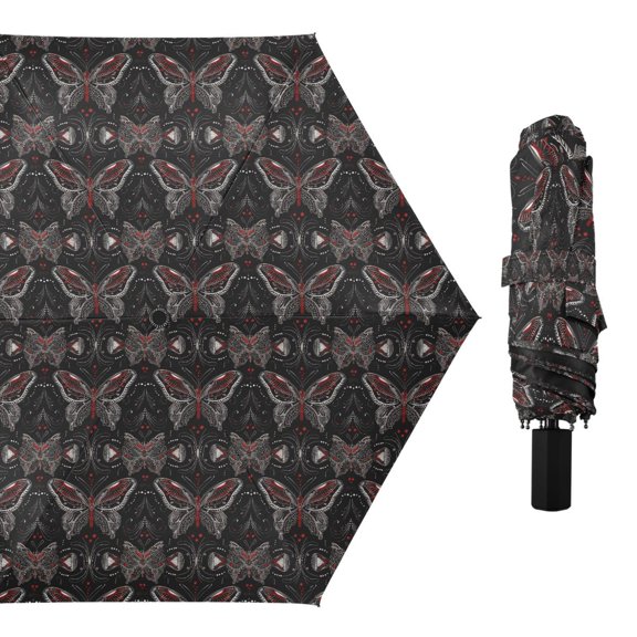 Butterflies with Silver Red Wings Compact Sun Umbrella Windproof Travel Umbrellas for Rain Strong Portable UV Protection