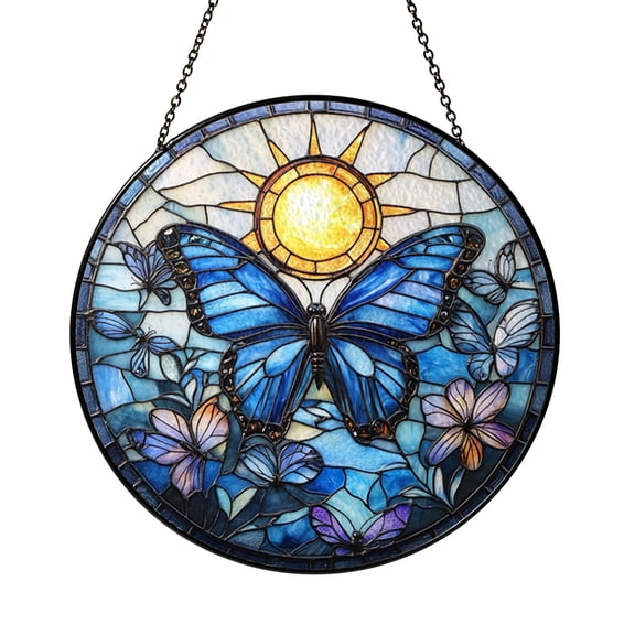Butterflies with Sunlit Sky Window Sun Catcher, Bright Stained Glass Style Garden Decor, Nature Gift Idea