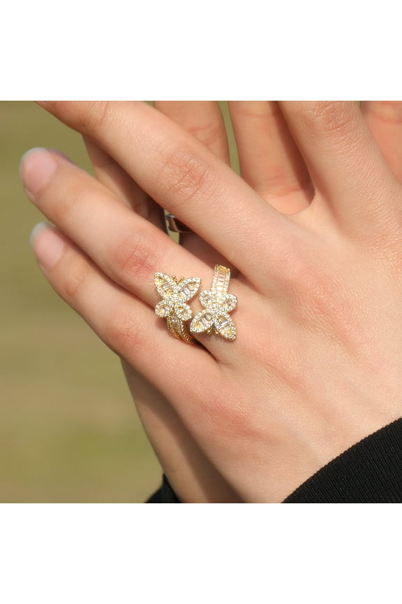 Butterfly 14K Yellow Gold Rings For Women Stagger Adjustable Size Baguette Full Iced Out New In Rings Jewelry