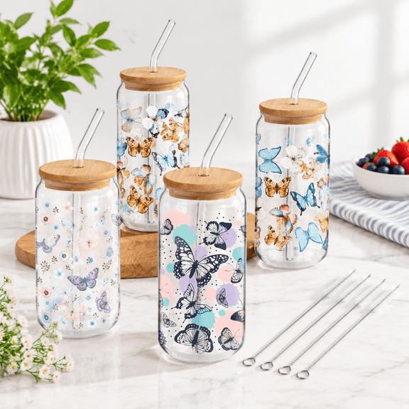 Butterfly 16oz Borosilicate Glass Drinkware Set, 4 Piece Can Shaped Iced Coffee Cup Kit