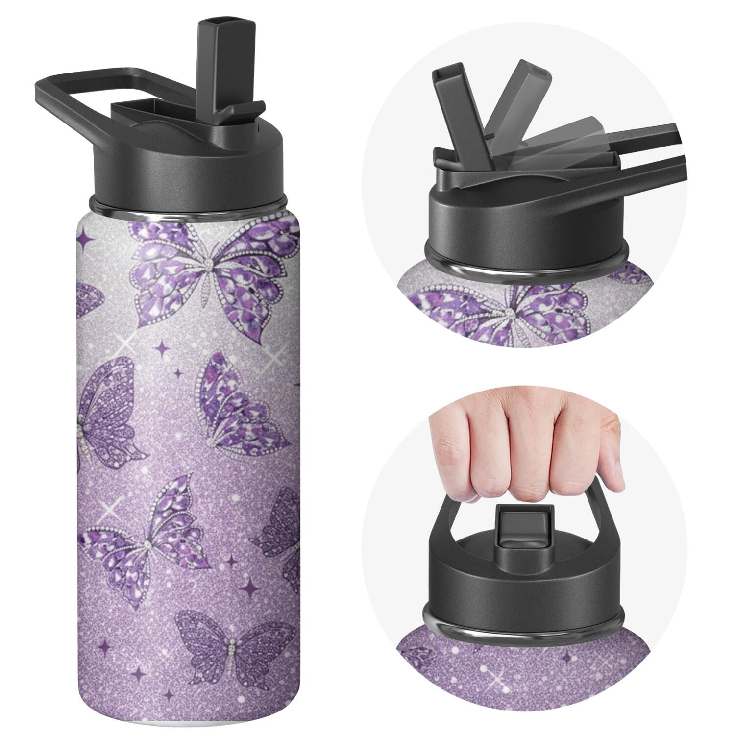 Butterfly 18oz Insulated Water Bottle with Straw & Cleaning Brush, Leakproof, BPA-Free, 304 Stainless Steel, Wide Mouth, Travel Mug for Car, Gym, Office, Spring