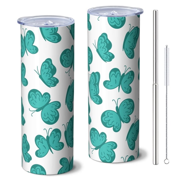 Butterfly 20 Oz Stainless Steel Skinny Tumbler – Vacuum Insulated Slim Travel Cup with Lid & Stainless Steel Straw, 360° Full Wrap Printed Tumbler for Home, Office & Outdoor Use, Spring