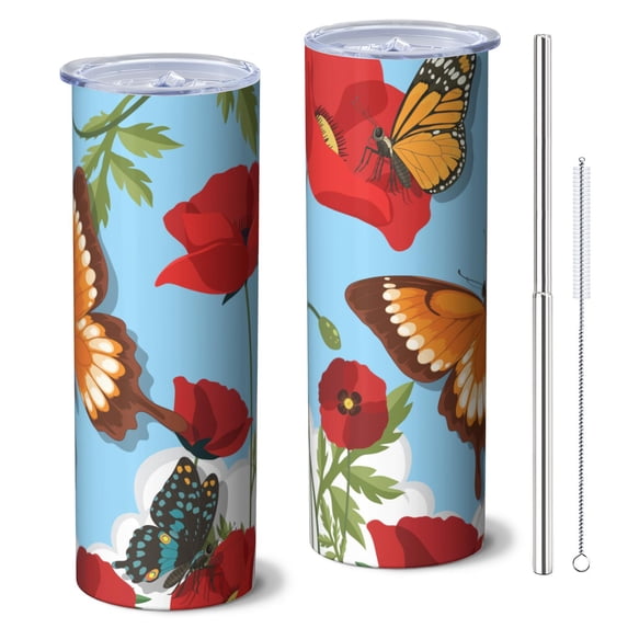Butterfly 20 Oz Stainless Steel Skinny Tumbler – Vacuum Insulated Slim Travel Cup with Lid & Stainless Steel Straw, 360° Full Wrap Printed Tumbler for Home, Office & Outdoor Use, Spring