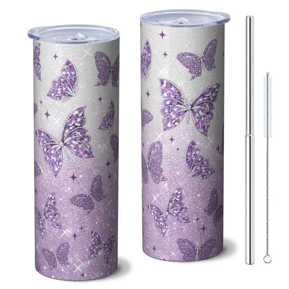 Butterfly 20oz Stainless Steel Skinny Tumbler – Vacuum Insulated Slim Travel Cup with Lid & Stainless Steel Straw, 360° Full Wrap Printed Tumbler for Home, Office & Outdoor Use, Spring