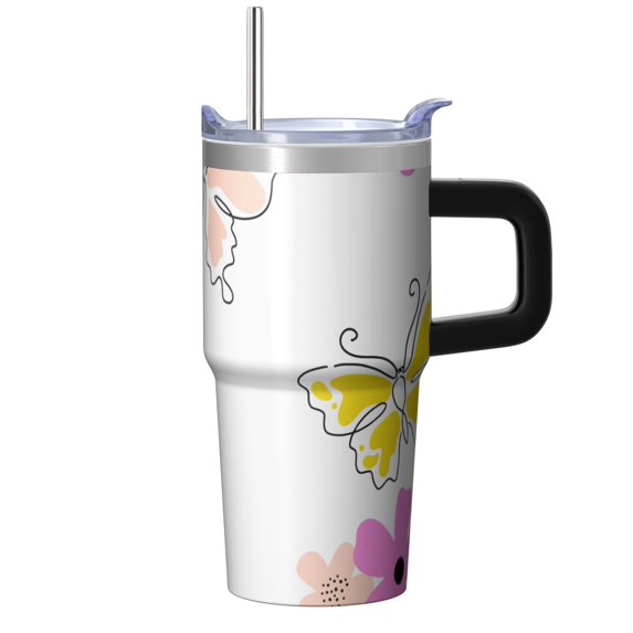 Butterfly 20oz Stainless Steel Tumbler with Handle and Straw – Insulated Travel Cup with Sliding Lid, 360° Full Wrap Printed Mug for Home, Outdoor & Sports Use, Spring