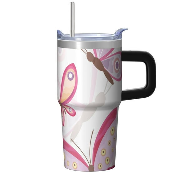 Butterfly 20oz Stainless Steel Tumbler with Handle and Straw – Insulated Travel Cup with Sliding Lid, 360° Full Wrap Printed Mug for Home, Outdoor & Sports Use, Spring