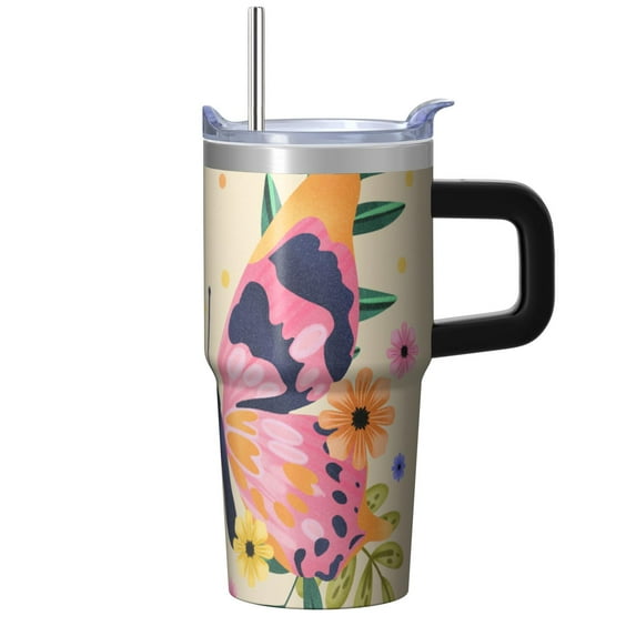 Butterfly 20oz Stainless Steel Tumbler with Handle and Straw – Insulated Travel Cup with Sliding Lid, 360° Full Wrap Printed Mug for Home, Outdoor & Sports Use, Spring